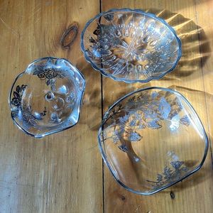 Vintage Silver Overlay Glass. 3-footed bowl, shallow split and wavy edge dish.